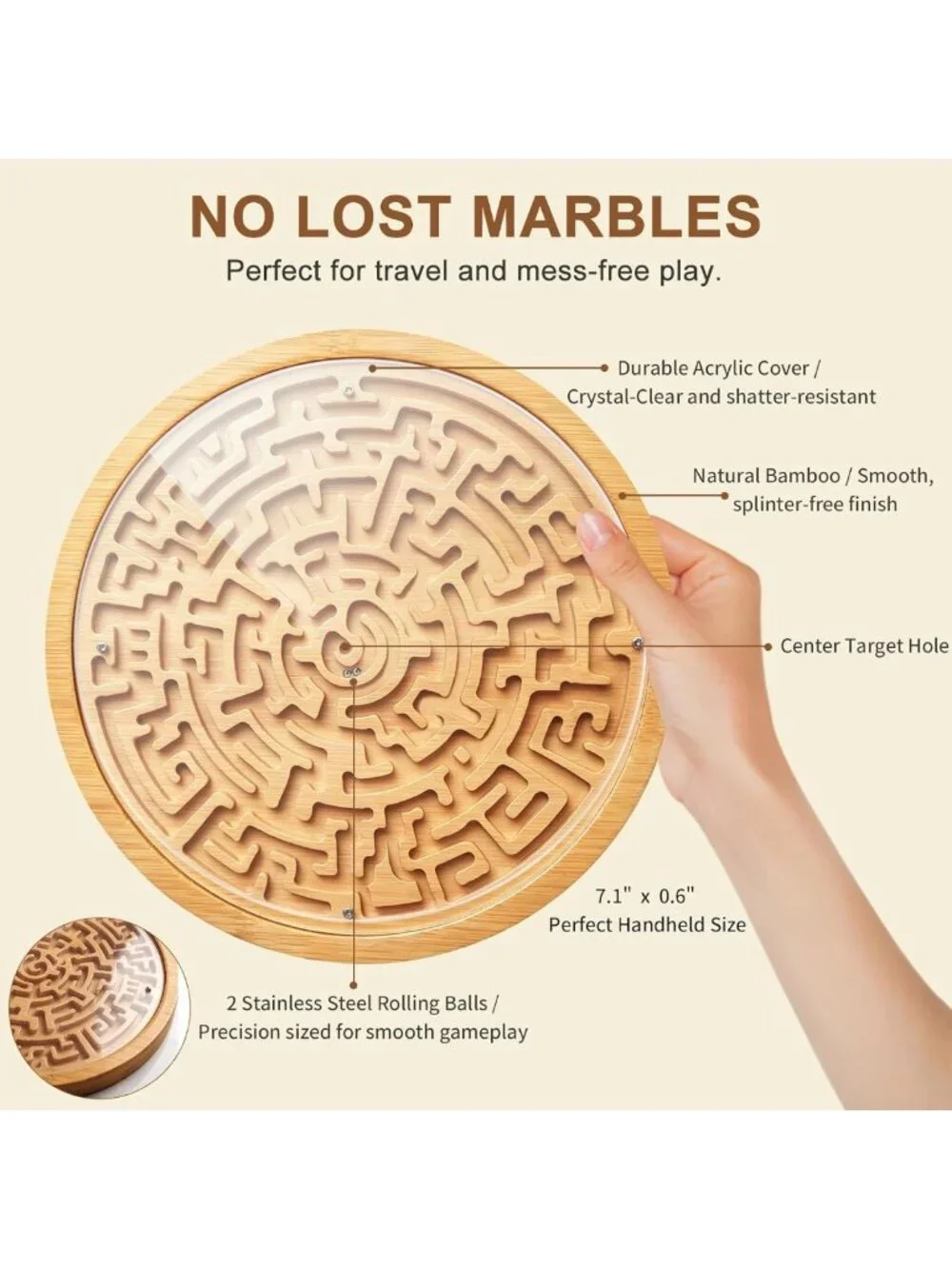 Wooden Labyrinth Maze Game - Bamboo Brain Teaser Puzzle for Kids & Adults